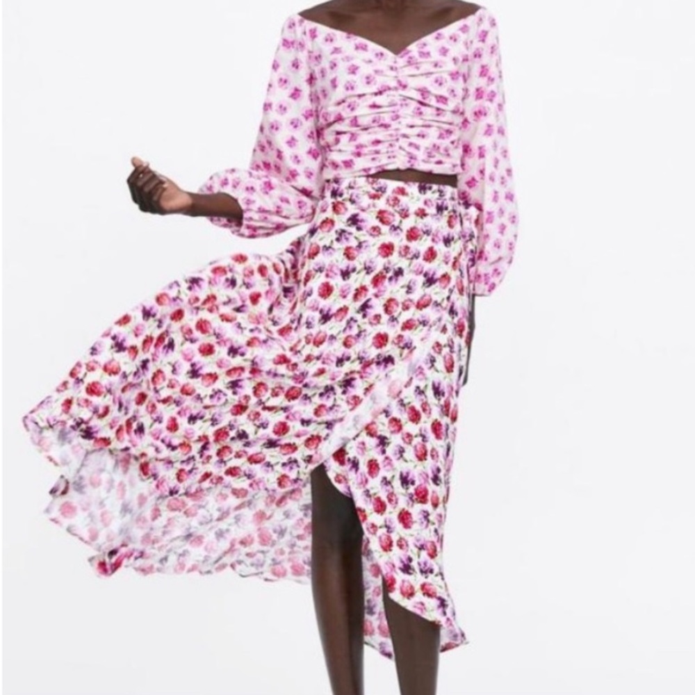 Zara Pink Red Floral Ruffle Wrap Maxi Skirt Size XS